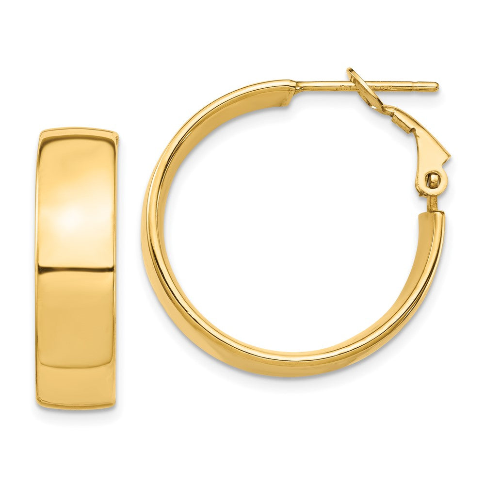 14K Yellow Gold High Polished 7mm Omega Back Hoop Earrings