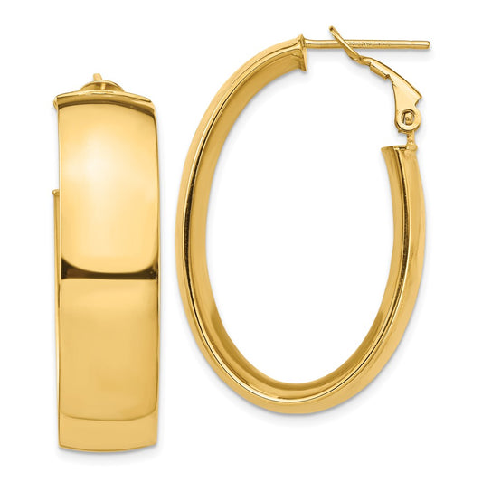 14K Yellow Gold High Polished 10mm Omega Back Oval Hoop Earrings