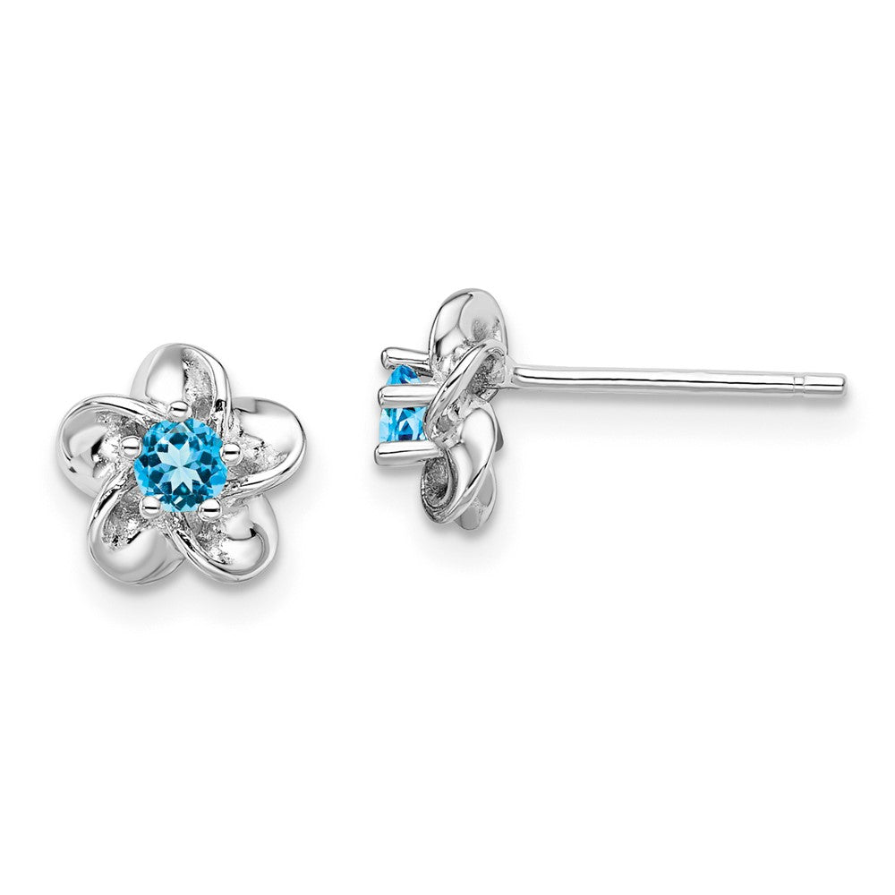 Rhodium-plated Sterling Silver Floral Blue Topaz Post Earrings
