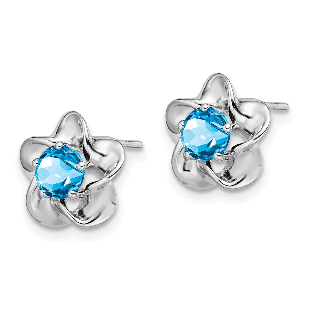 Rhodium-plated Sterling Silver Floral Blue Topaz Post Earrings