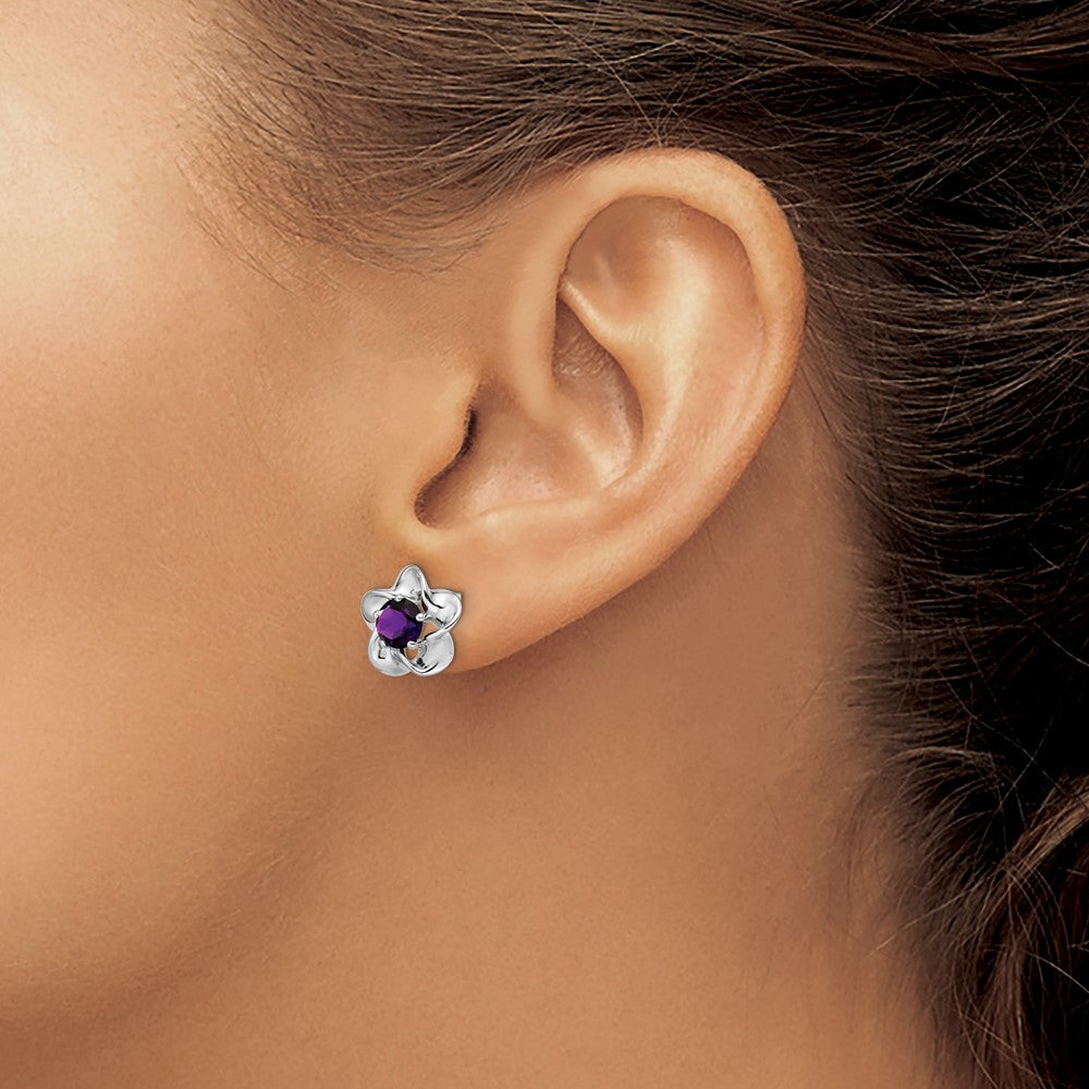 Rhodium-plated Sterling Silver Floral Amethyst Post Earrings