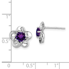 Rhodium-plated Sterling Silver Floral Amethyst Post Earrings