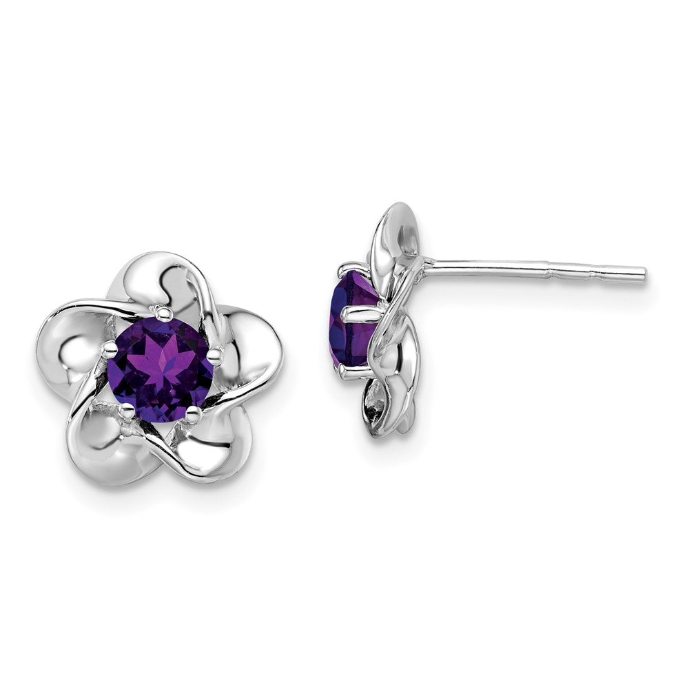 Rhodium-plated Sterling Silver Floral Amethyst Post Earrings