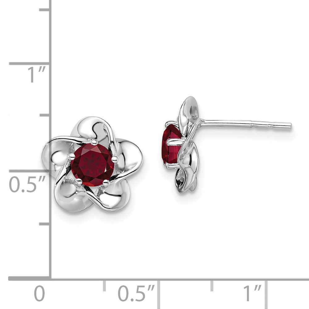 Rhodium-plated Sterling Silver Floral Created Ruby Post Earrings