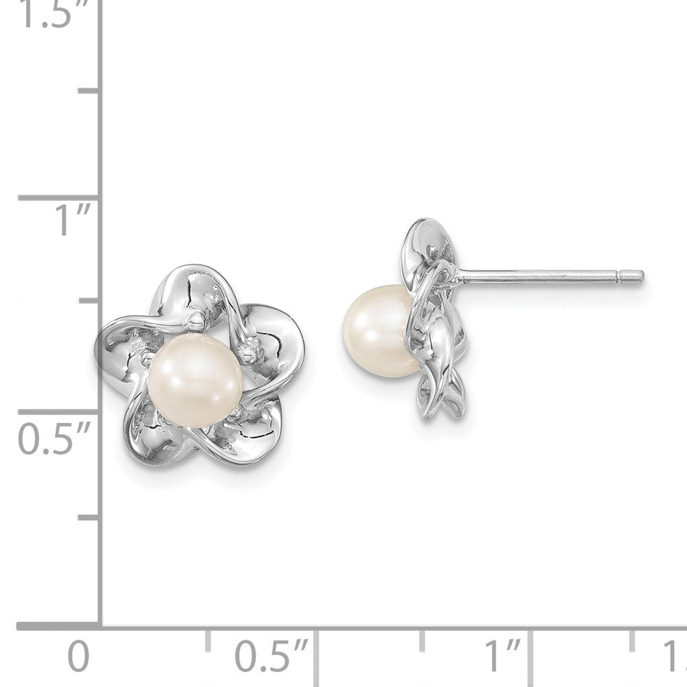 Rhodium-plated Sterling Silver Floral FWC Pearl Post Earrings