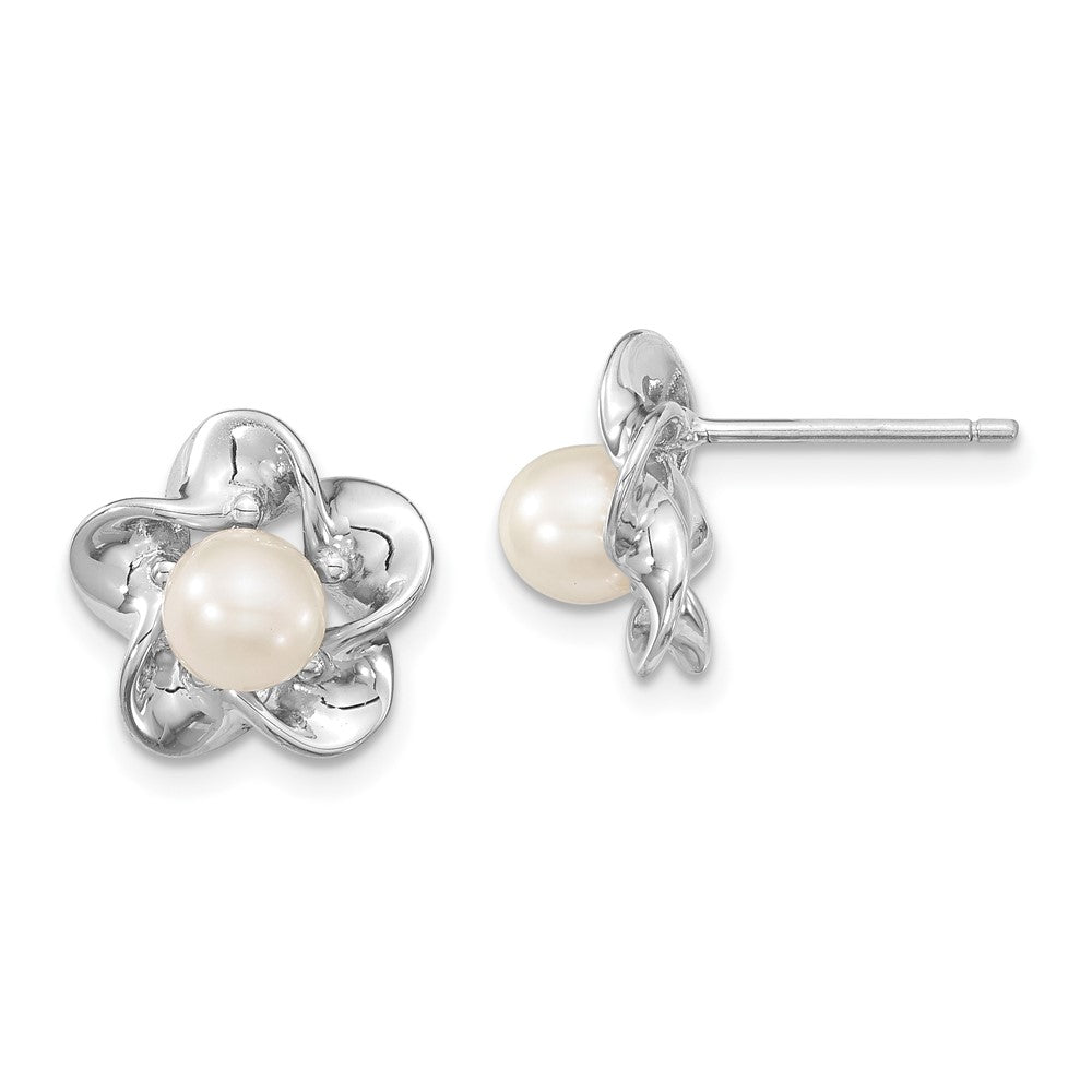 Rhodium-plated Sterling Silver Floral FWC Pearl Post Earrings