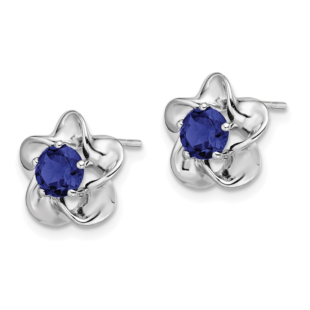Rhodium-plated Sterling Silver Floral Created Sapphire Post Earrings