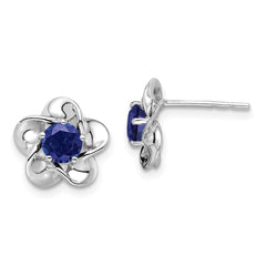 Rhodium-plated Sterling Silver Floral Created Sapphire Post Earrings