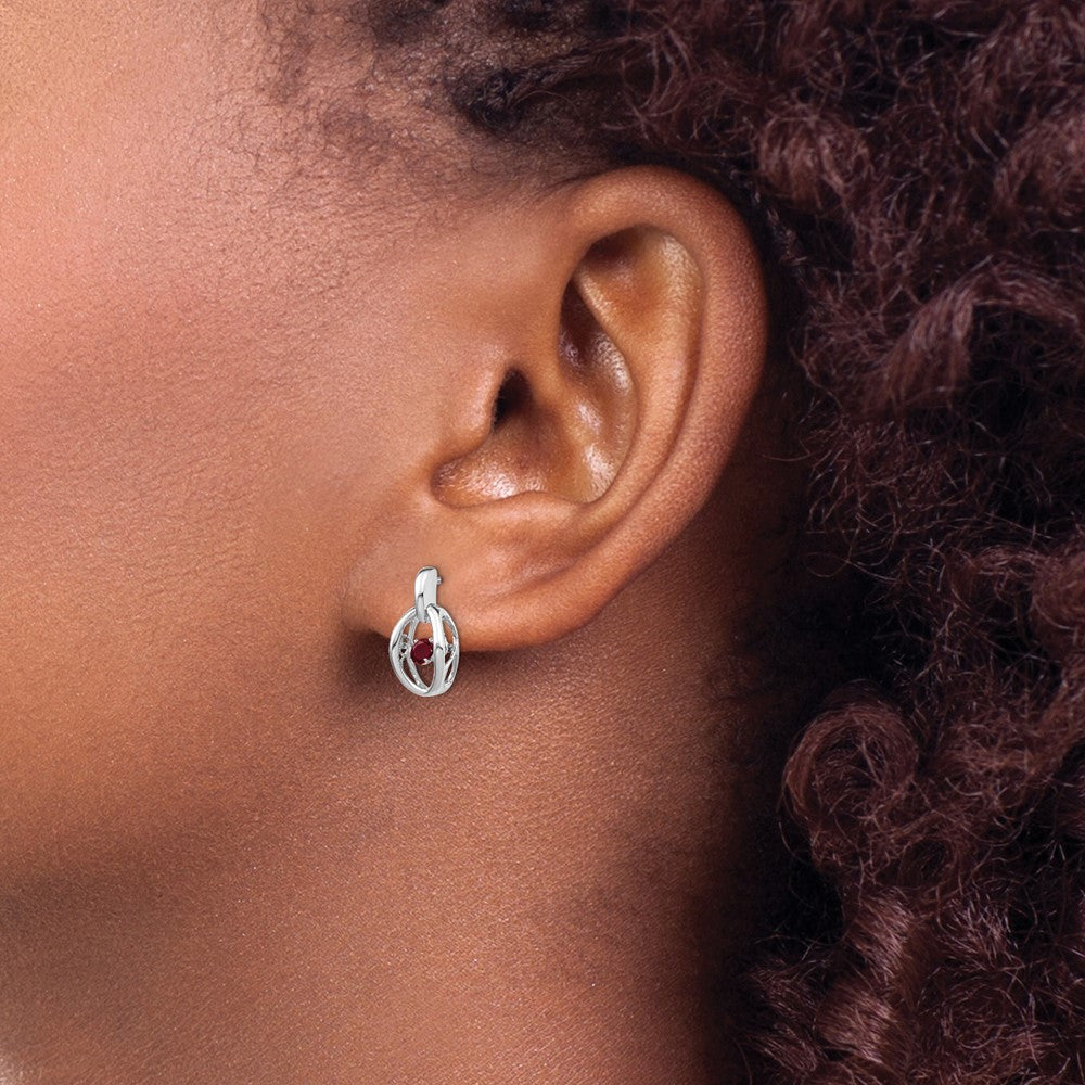 Rhodium-plated Sterling Silver Created Ruby Birthstone Vibrant Earrings