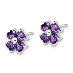 Rhodium-plated Sterling Silver Amethyst Flower Post Earrings