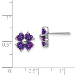 Rhodium-plated Sterling Silver Amethyst Flower Post Earrings
