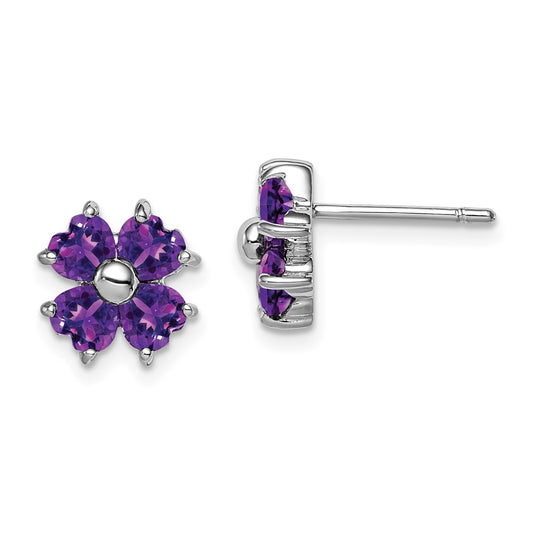 Rhodium-plated Sterling Silver Amethyst Flower Post Earrings