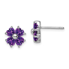 Rhodium-plated Sterling Silver Amethyst Flower Post Earrings