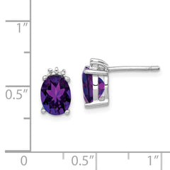 Rhodium-plated Sterling Silver Oval Amethyst and Diamond Post Earrings