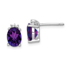 Rhodium-plated Sterling Silver Oval Amethyst and Diamond Post Earrings