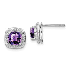 Rhodium-plated Sterling Silver Amethyst and Diamond Post Earrings