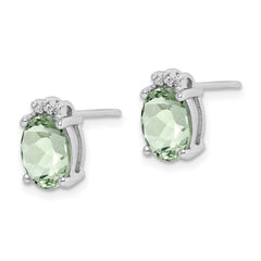 Rhodium-plated Sterling Silver Oval Green Quartz and Diamond Earrings