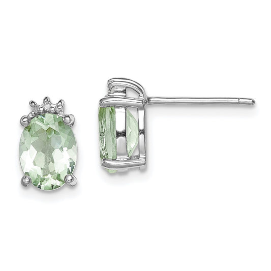 Rhodium-plated Sterling Silver Oval Green Quartz and Diamond Earrings