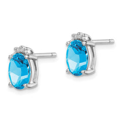 Rhodium-plated Sterling Silver Oval Blue Topaz and Diamond Post Earrings