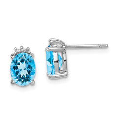 Rhodium-plated Sterling Silver Oval Blue Topaz and Diamond Post Earrings