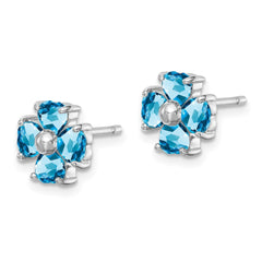 Rhodium-plated Sterling Silver Blue Topaz Flower Post Earrings