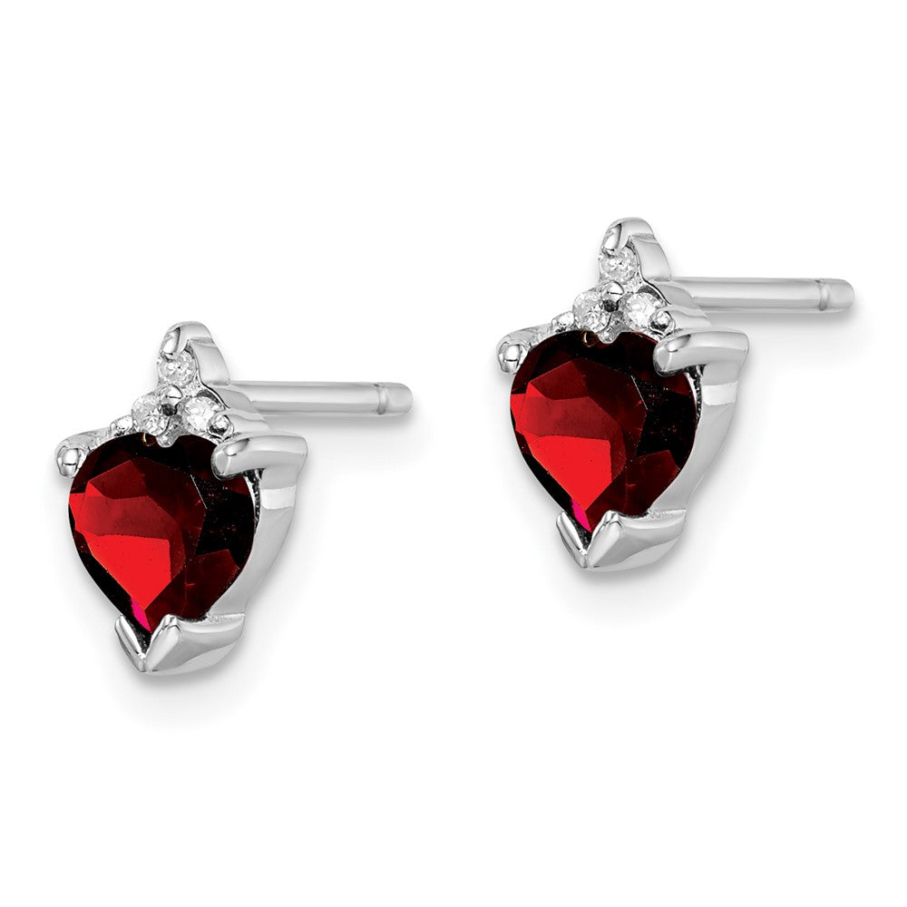 Rhodium-plated Sterling Silver Heart Garnet and Diamond Post Earrings