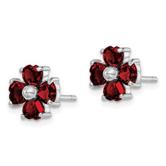 Rhodium-plated Sterling Silver Garnet Flower Post Earrings