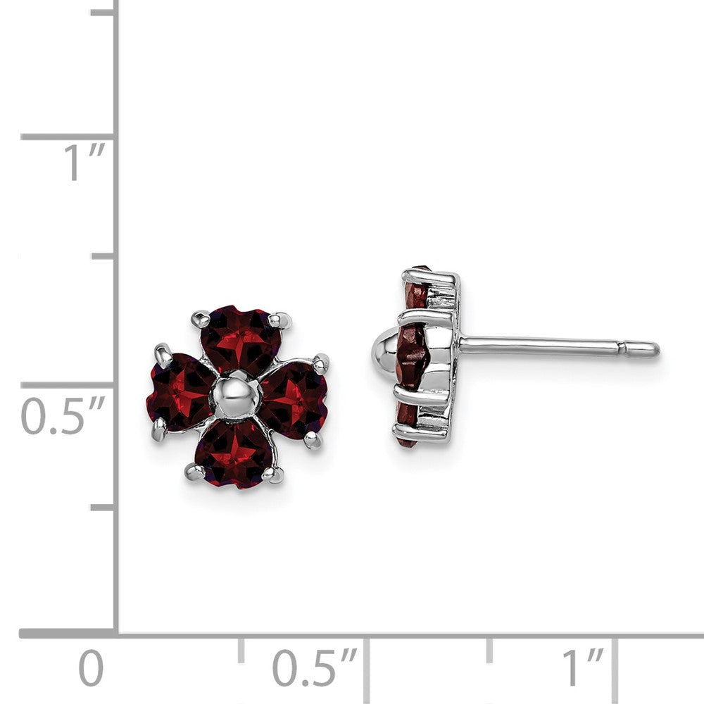 Rhodium-plated Sterling Silver Garnet Flower Post Earrings