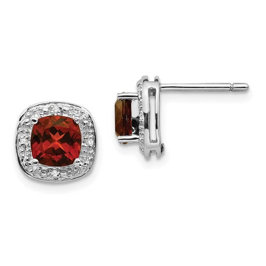 Rhodium-plated Sterling Silver Garnet and Diamond Post Earrings