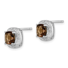 Rhodium-plated Sterling Silver Smokey Quartz and Diamond Post Earrings