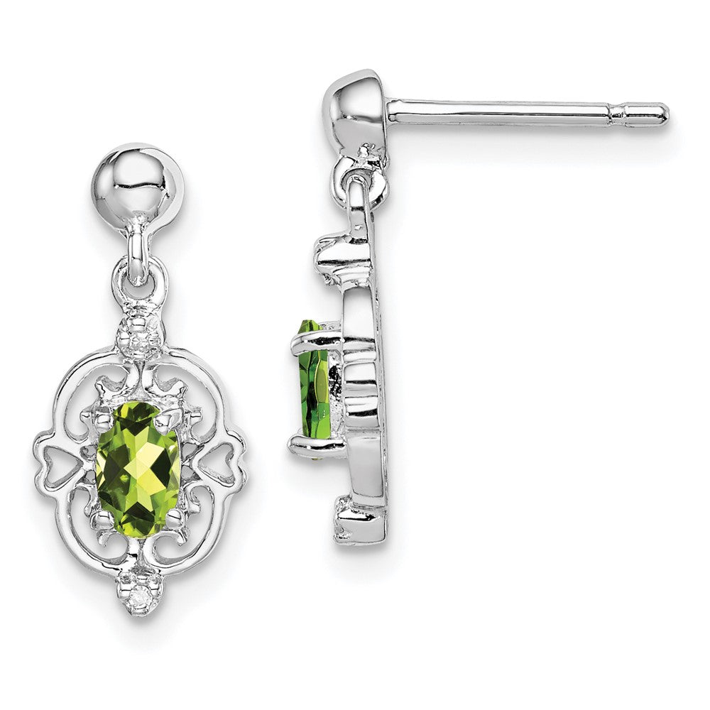 Rhodium-plated Sterling Silver Pear Peridot and Diamond Post Earrings