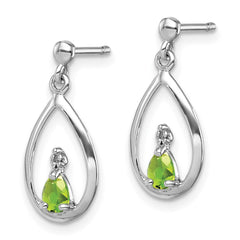 Rhodium-plated Sterling Silver Pear Peridot and Diamond Post Earrings