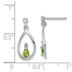 Rhodium-plated Sterling Silver Pear Peridot and Diamond Post Earrings