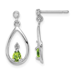 Rhodium-plated Sterling Silver Pear Peridot and Diamond Post Earrings
