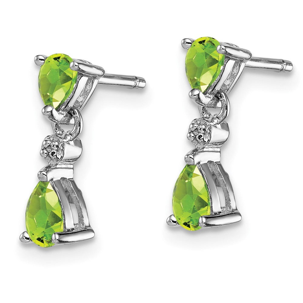 Rhodium-plated Sterling Silver Pear Peridot and Diamond Post Earrings