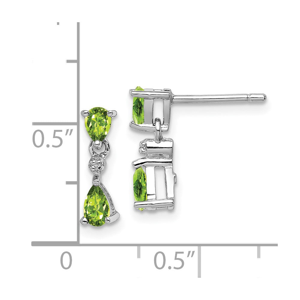 Rhodium-plated Sterling Silver Pear Peridot and Diamond Post Earrings