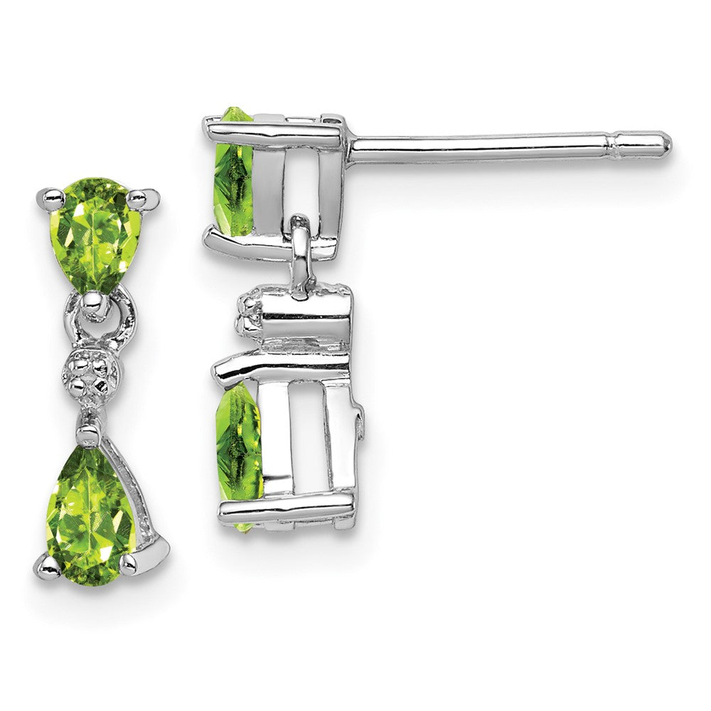 Rhodium-plated Sterling Silver Pear Peridot and Diamond Post Earrings