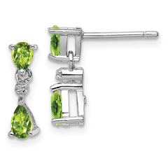 Rhodium-plated Sterling Silver Pear Peridot and Diamond Post Earrings