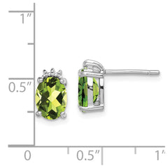 Rhodium-plated Sterling Silver Oval Peridot and Diamond Post Earrings