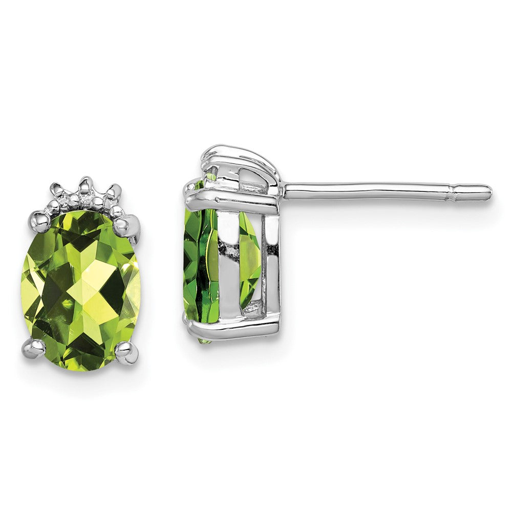 Rhodium-plated Sterling Silver Oval Peridot and Diamond Post Earrings