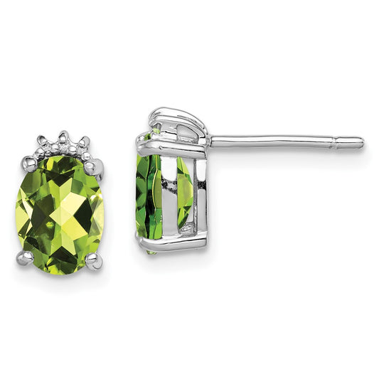 Rhodium-plated Sterling Silver Oval Peridot and Diamond Post Earrings