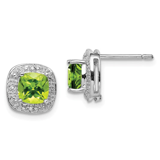 Rhodium-plated Sterling Silver Peridot and Diamond Post Earrings