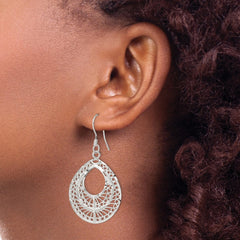 Sterling Silver Polished Textured Diamond-cut Filigree Teardrop Dangle Earrings