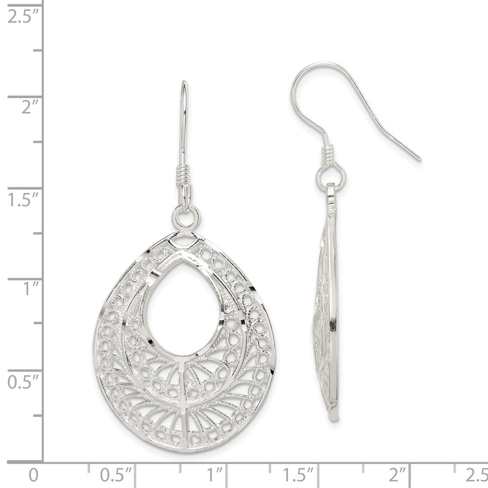 Sterling Silver Polished Textured Diamond-cut Filigree Teardrop Dangle Earrings