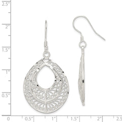 Sterling Silver Polished Textured Diamond-cut Filigree Teardrop Dangle Earrings