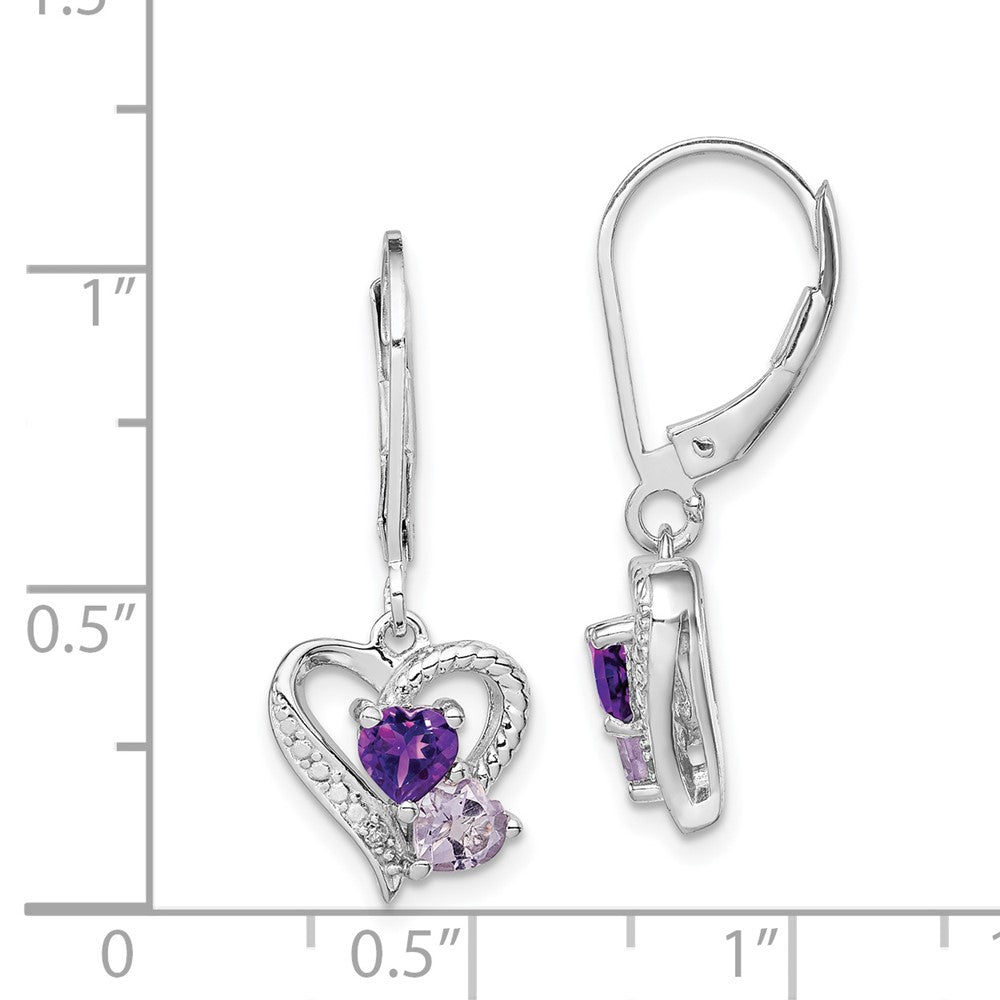 Rhodium-plated Sterling Silver Amethyst Pink Quartz and Diamond Heart Earrings