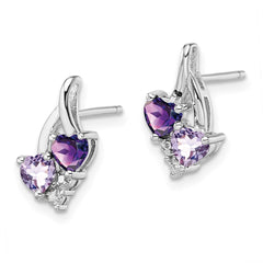 Rhodium-plated Sterling Silver Amethyst Pink Quartz and Diamond Earrings