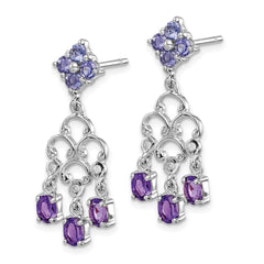 Rhodium-plated Sterling Silver Amethyst Iolite and Diamond Dangle Earrings