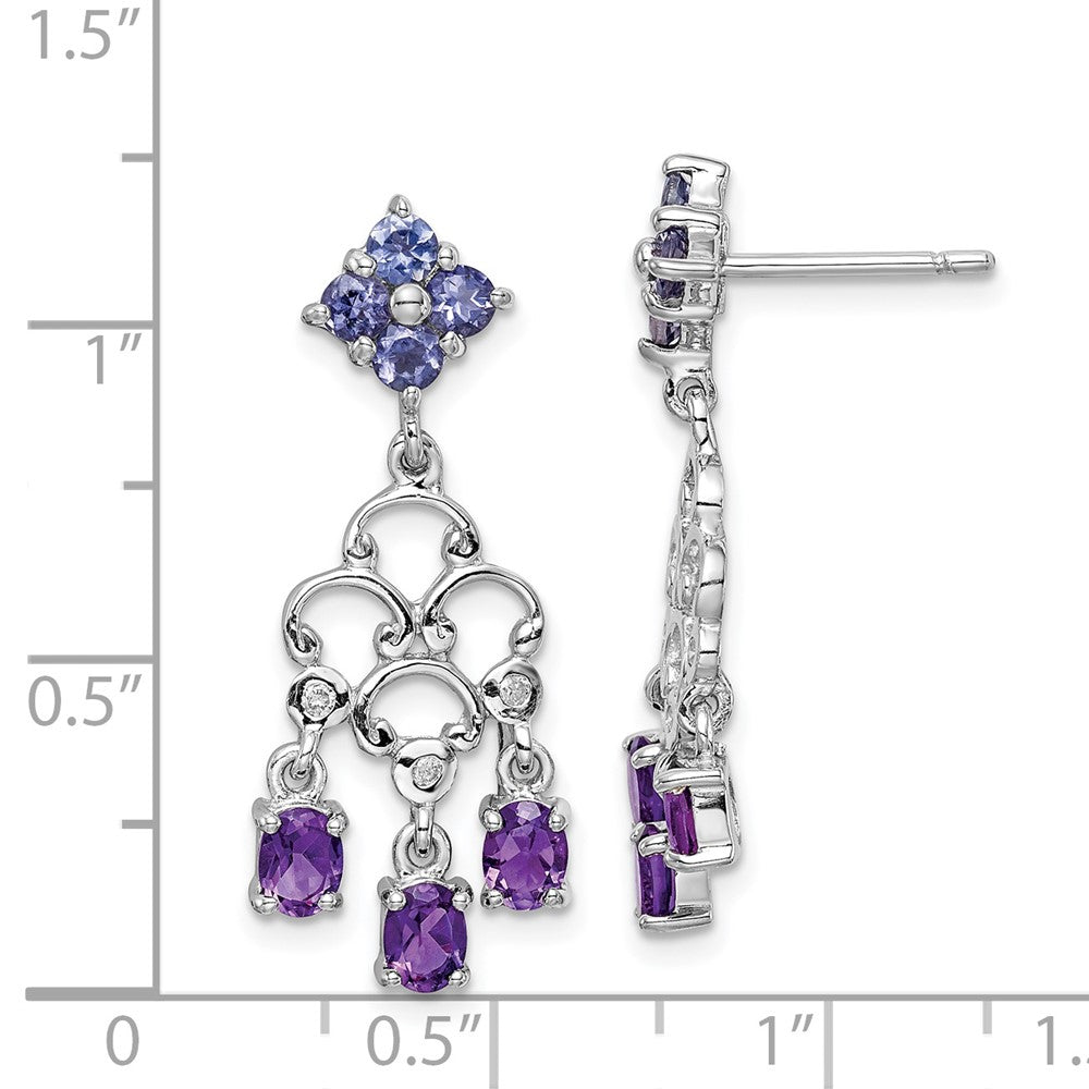 Rhodium-plated Sterling Silver Amethyst Iolite and Diamond Dangle Earrings