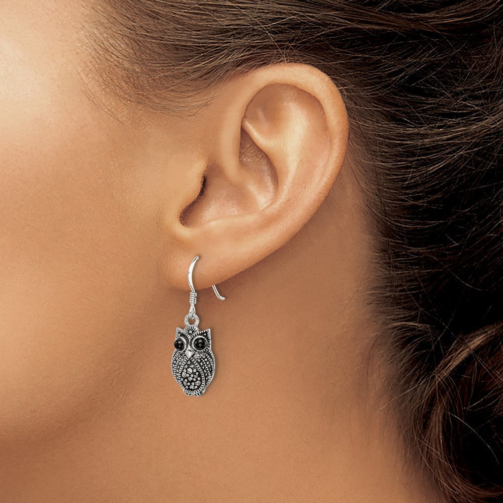 Sterling Silver Marcasite and Black Agate Owl Shepherd Hook Earrings